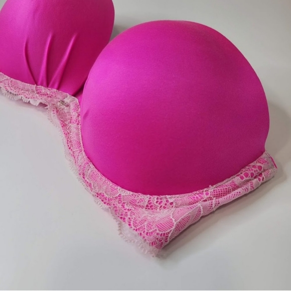 Victoria's Secret Push-Up Strapless Hot Pink Jewel Lace Underwire Ivory 32D Bra - Picture 2 of 12